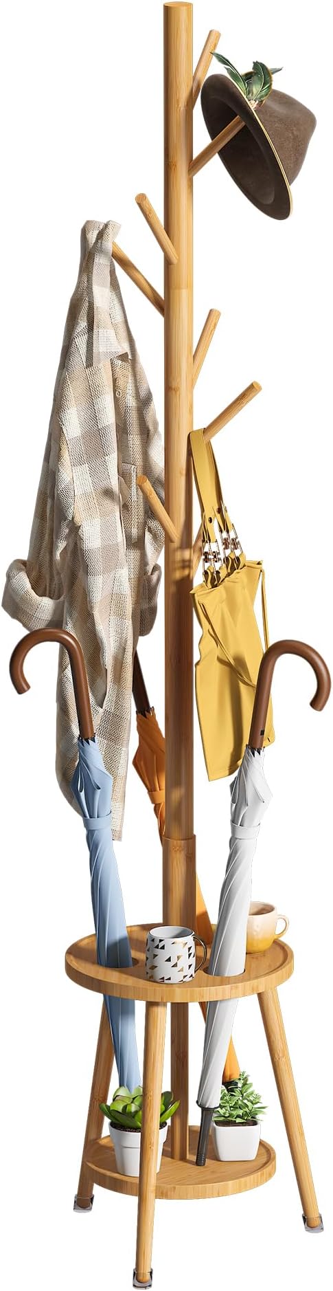 FILWH Freestanding Coat Rack with Umbrella Organizer Tray Bamboo Coat Tree Rack with 8 Hook Stand for Clothes Bag Hats Entryway Hanger Stand(Nature)-DeskLoop Office