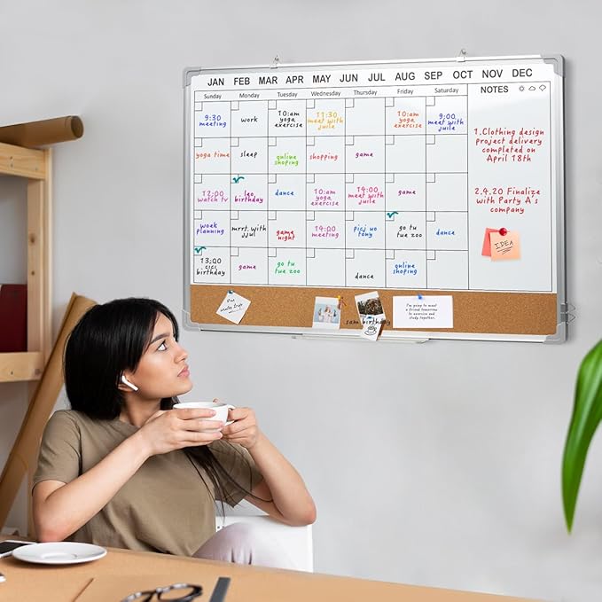 Calendar Whiteboard for Wall,36" x 24" White Board Calendar Dry Erase with Silver Aluminum Frame,Double Side Wall Hanging Board for Office,Home,Kitchen-DeskLoop Office