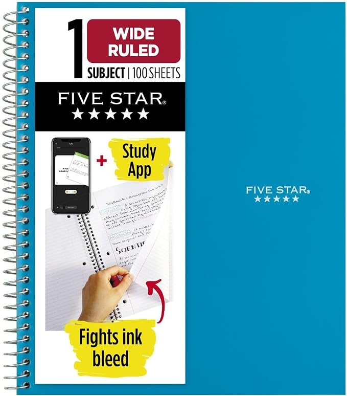 Five Star Spiral Notebook + Study App, 1 Subject, Wide Ruled Paper, 100 Sheets by FiveStar