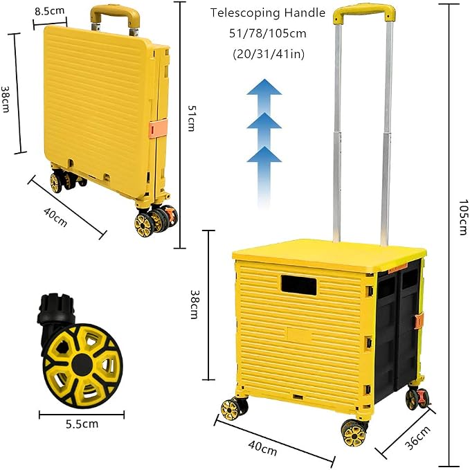 FELICON SELORSS Foldable Utility Cart Folding Portable Rolling Crate-Yellow | - Image 7