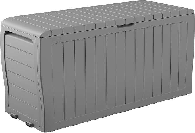 Keter Marvel Plus 71 Gallon Resin Deck Box-Organization and Storage for Patio Furniture Outdoor Cushions, Throw Pillows, Garden Tools and Pool Floats, Light Grey-DeskLoop Office