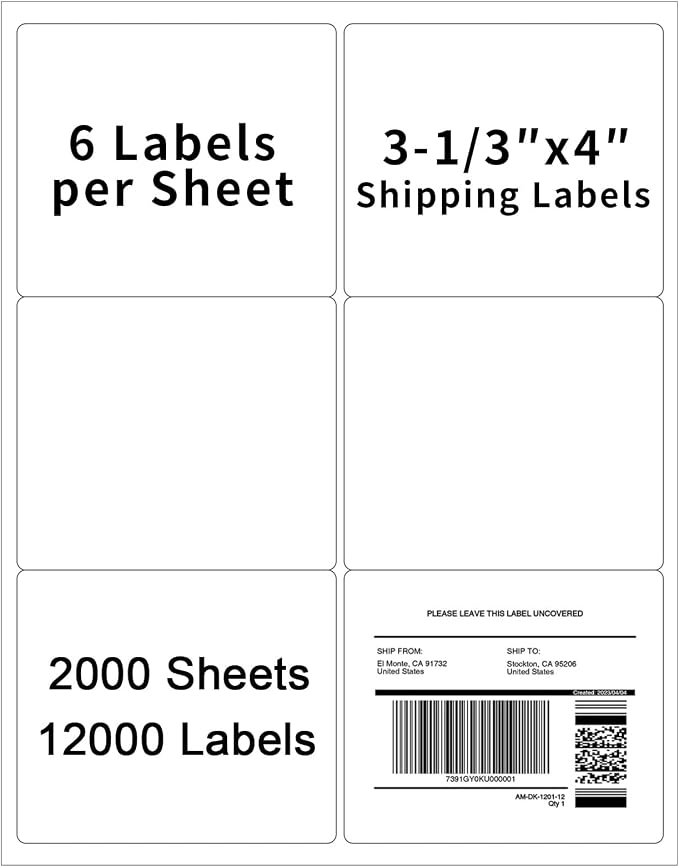 3-1/3" x 4" Shipping Labels, Printable White 6 UP Label by Muotich