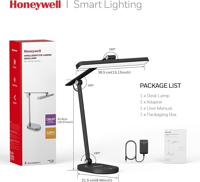 Honeywell Desk Lamp for Home Office, H4 Sunturalux™ Eye-Caring LED Desk Light, 700LM Dimmable Desk Lamp with Timer, Adjustable Desk Reading Light, Touch Auto Dimming Table Lamp for Study, Bedroom-DeskLoop Office