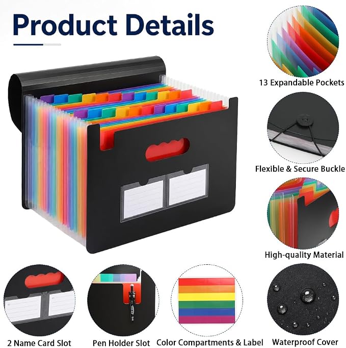 13 Pockets Accordion File Organizer, Portable Expanding File Folder - Image 2