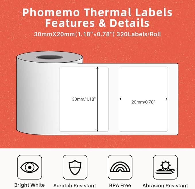 960 pcs Thermal Sticker Barcode Label Paper, Phomemo Multi-Purpose Self-Adhesive Tag for M110/M220/M108/M250/M260/M120/M150 Label Maker Machine, 1.18'' x 0.78"(30X 20mm),320 Pcs/Roll, Black on White-DeskLoop Office