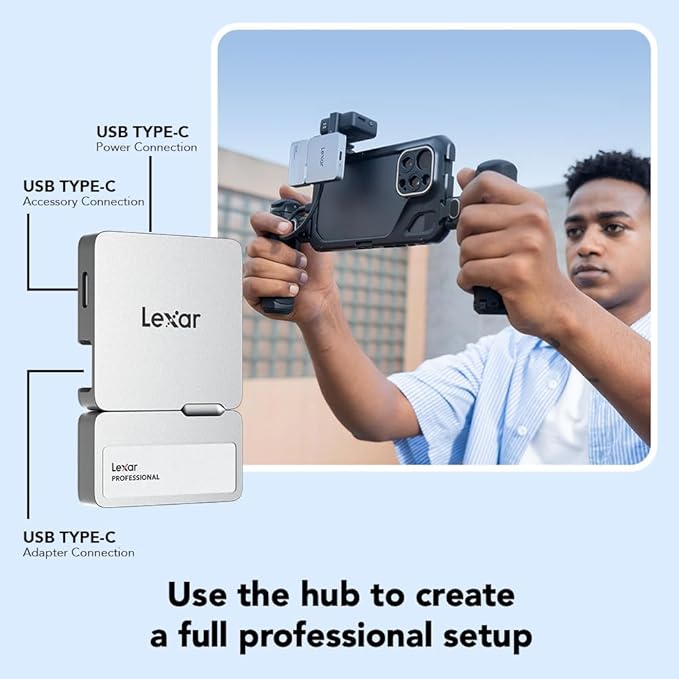 Lexar 1TB Professional Go Portable SSD w/Hub, Supports Apple 4K 60fps ProRes, Up to 1050MB/s, USB 3.2 Gen 2, Rugged, IP65, Ultracompact, Compatible w/iPhone 15/16, External SSD (LSL400S001T-RNSNU)-DeskLoop Office