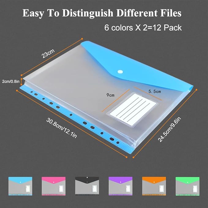 12 Pack Plastic Envelopes Binder Pocket 11 Holes Expandable Binder Folders - Image 3
