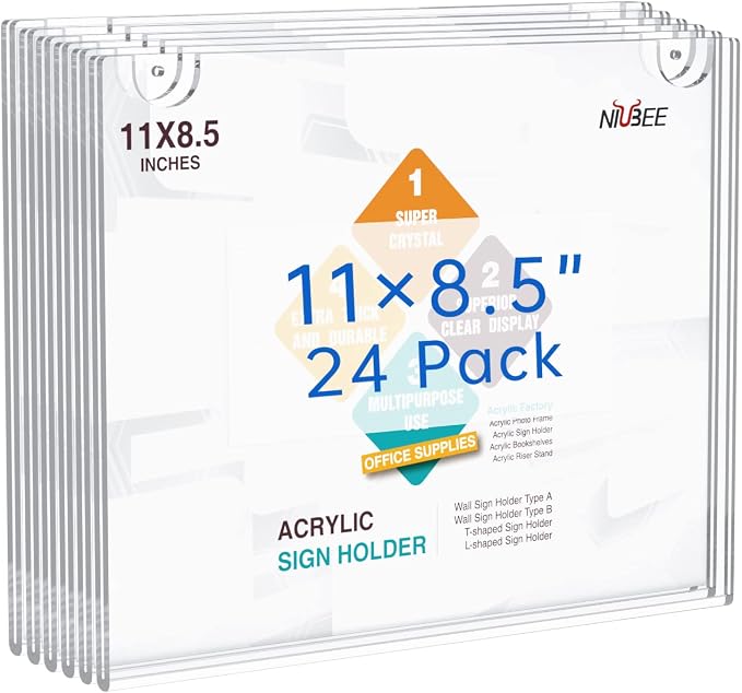 NIUBEE 24-Packs Acrylic Wall Sign Holder 8.5x11 Horizontal, Wall Mounted Design. by NIUBEE