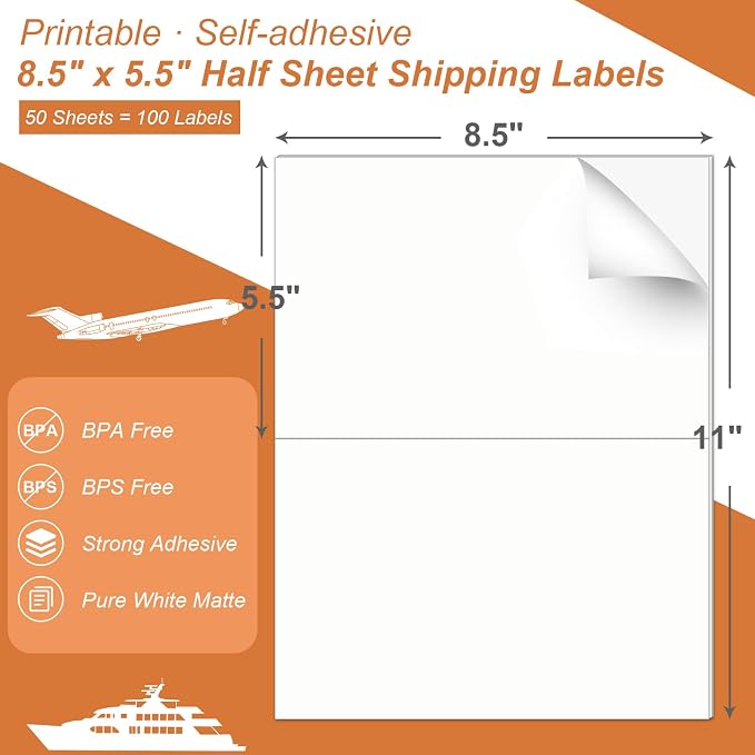 Half Sheet 8.5x5.5inch Shipping Mailing Label 100 Counts, 2 Labels Per Sheet - Image 2