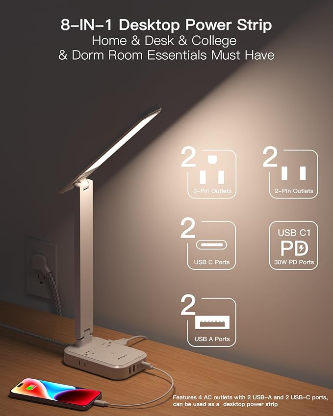 Power Strip with LED Desk Lamp, PD 30W Touch Desk Lamps, 4 Outlets 4 USB Ports(2 USB C) Small Desk Lamp 5FT Extension Cord Table Lamp for Home Office College Dorm Room Essentials Bedroom Bedside Study-DeskLoop Office