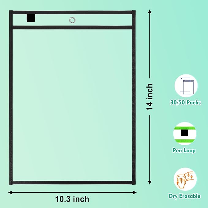 30 Packs Dry Erase Pocket Sleeves, Reusable Clear Plastic Classroom Pocket - Image 2