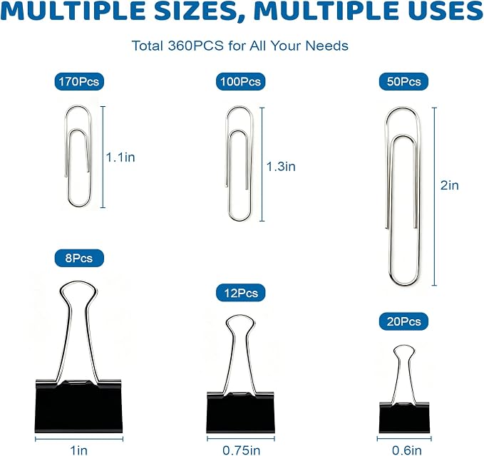 360 Pack Paper Clips and Binder Clips Set – Mixed Sizes Paperclips - Image 2