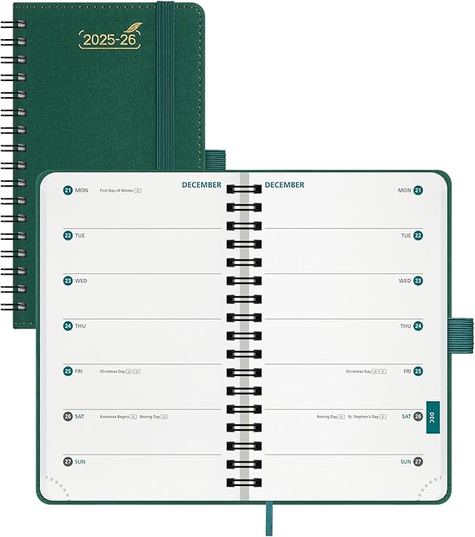 BEZEND Pocket Planner 2025-2026 Weekly with 2 Columns, 18-Month Academic Calendar (Jul 25-Dec 26), Life Work App., Storage Pocket, Pen Holder, PU Leather Softcover 3.5" x 6" Spiral - Evergreen-DeskLoop Office