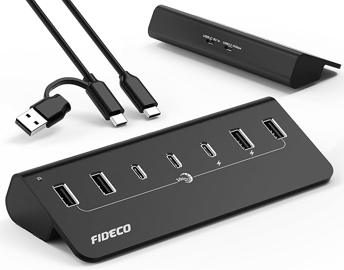 FIDECO Powered USB Hub, 7 Port USB 3.2 Gen 2, 10Gbps Fast Data Hub for iPhone 16/15 and Laptop, Aluminum USB Splitter with 5V 3A Power Adapter, 4 USB-A and 3 USB-C Ports, Support BC1.2 Charging-DeskLoop Office