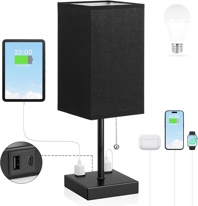 Black Medium Table Lamp with USB Ports - Image 2