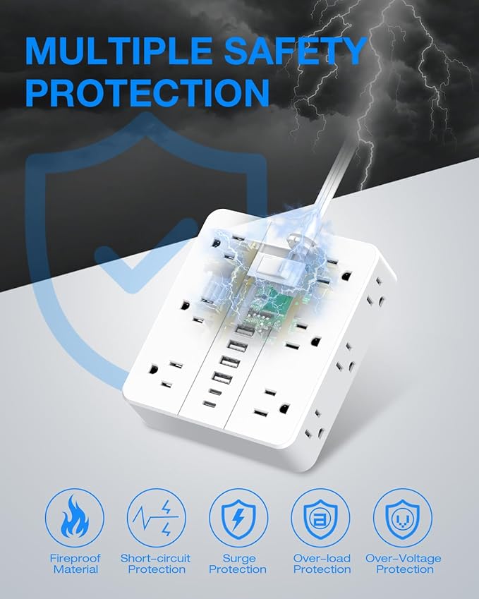 Flat Plug Power Strip Surge Protector, Flat Extension Cord Indoor 20 Feet， HUNIAN 12 Widely Spaced Outlets with 6 USB (2 USB C Ports), Desk Charging Station for Home Office Supplies, White-DeskLoop Office
