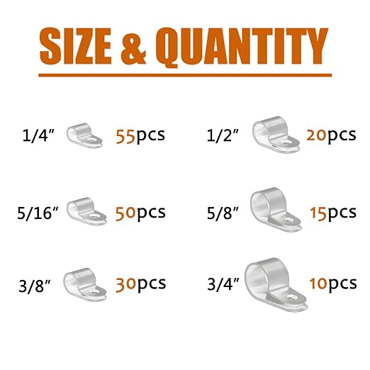ISPINNER 180pcs Nylon Plastic R-Type Cable Clamps, 1/4" 5/16" 3/8" 1/2" 5/8" - Image 2