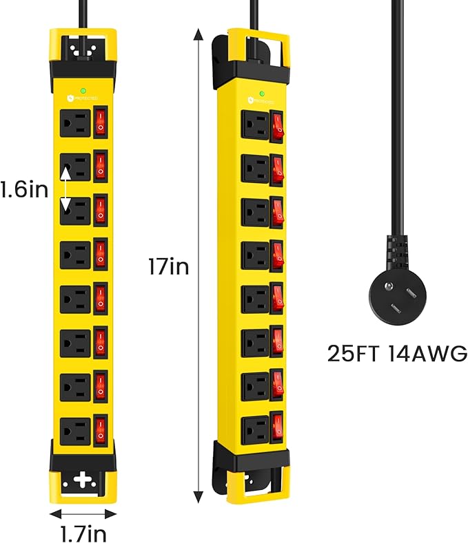 Heavy Duty Power Strip with Individual Switches,8 Outlets 14 Gauge Industrial Shop Garage Metal Multiple Outlets,1200J Surge Protector Mountable Power Strip (Yellow, 25 FT)-DeskLoop Office