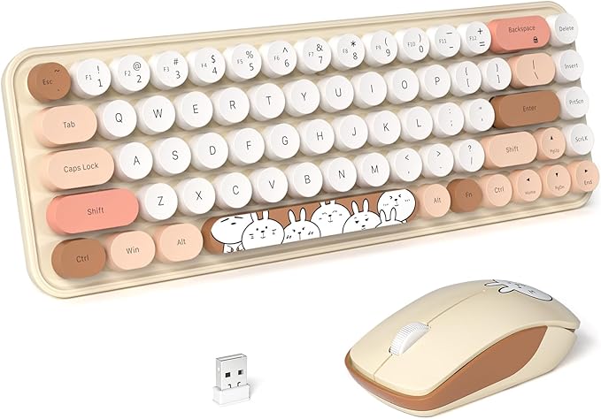FOPETT Wireless Keyboard and Mouse Cute Mouse and Keyboard 2.4G Wireless Keyboards with Colorful 68 Keys Typewriter Retro Round Keycap for PC, Laptop,Tablet,Computer Windows - Milk Tea Colorful-DeskLoop Office