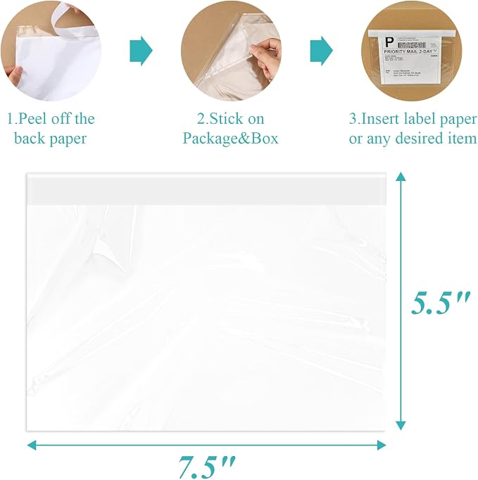 100 Pack 7.5" x 5.5" Clear Self-Adhesive Top Loading Packing List/Shipping - Image 2
