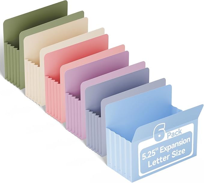 Ansook Expanding File folders, 6 Pack Letter Size 5.25" Expandable Accordion by Ansook