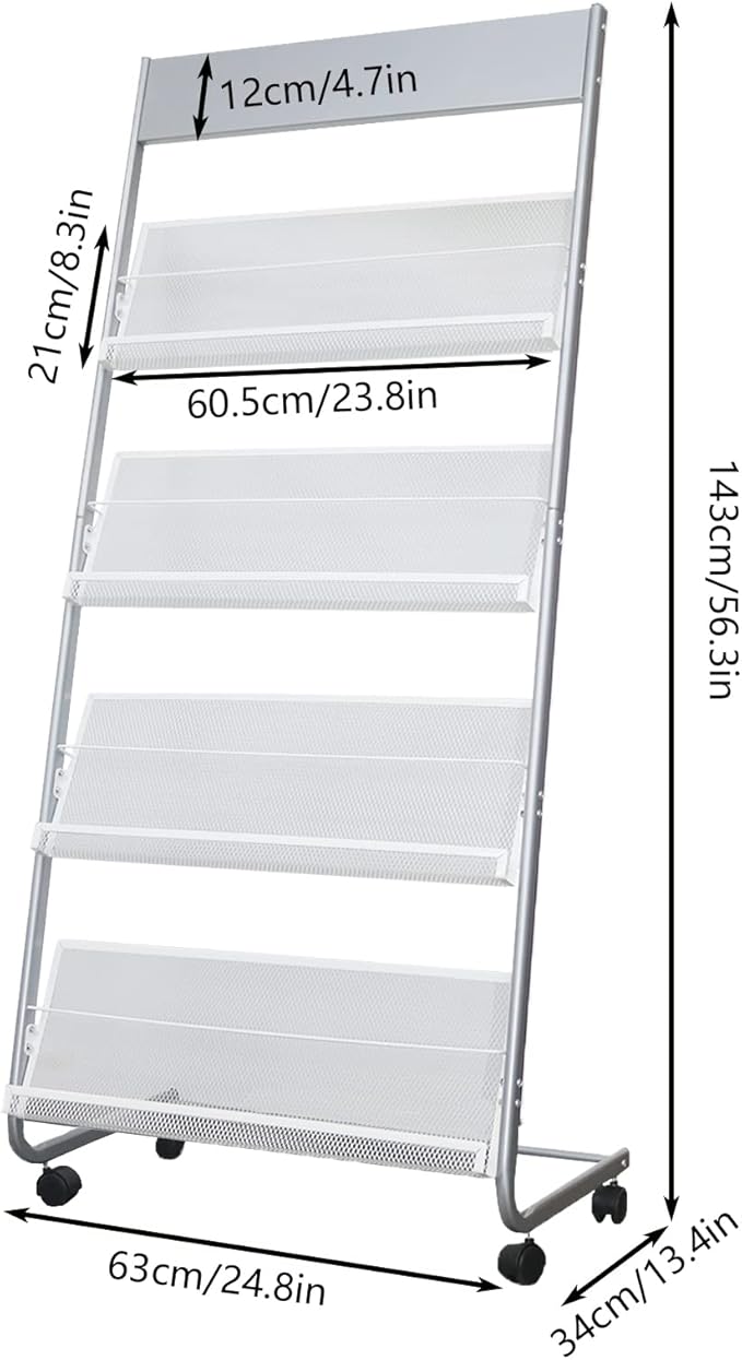 4-Layer Iron Magazine Rack with Wheels, Newspaper Rack, Display Rack, Silver (63)-DeskLoop Office