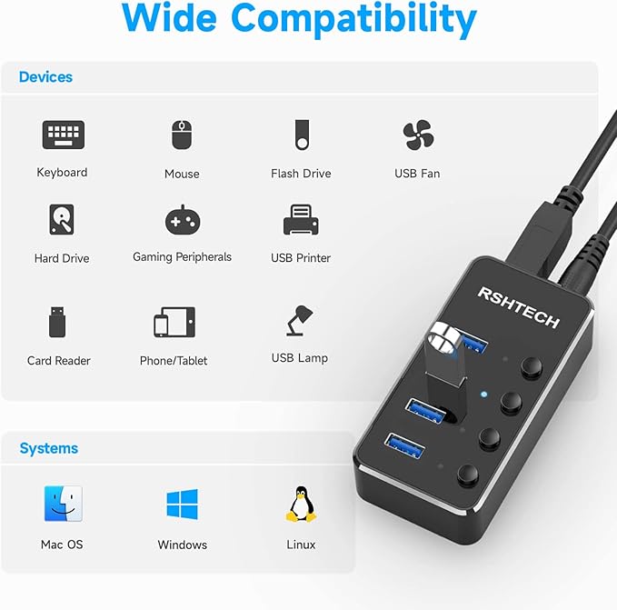 USB 3.0 Hub RSHTECH 4 Port Powered USB 3.0/USB C Hub Upgraded Version with 2-in-1 3.3ft USB Cable,5V Power Adapter and Individual Switches, Portable Aluminum USB Splitter for Laptop and PC, RSH-ST04-DeskLoop Office
