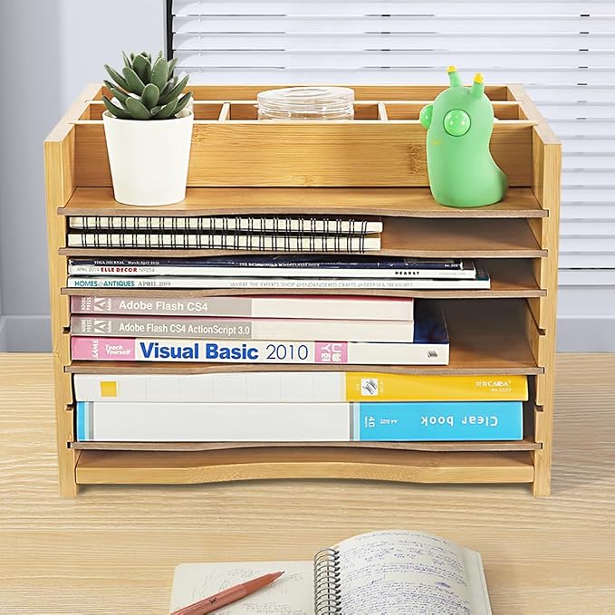WKWKER 5-Tiers Bamboo File Organizer Paper Organizer Mail Sorter Document - Image 2
