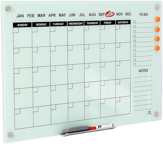 TSJ OFFICE Glass Calendar Whiteboard - 36 x 24 Inches Wall Mounted Monthly Dry Erase Calendar for Wall, Large Magnetic Glass White Board for Office, Home & School-DeskLoop Office