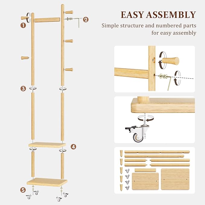 Coat Rack Freestanding Clothing Rack with Wheels & 2 Shelves Storage & 5 Hooks Heavy Duty Clothes Rack Wood Coat Tree Stand Hat Hanger Rack for Corner Bedroom Entryway Living Room Hotel-DeskLoop Office