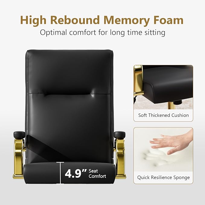 Black and Gold Office Chair Memory Foam, High Back Office Chair with Arms and Wheels, Leather Executive Computer Desk Chair with Back Support for Women Girls and Adults-DeskLoop Office