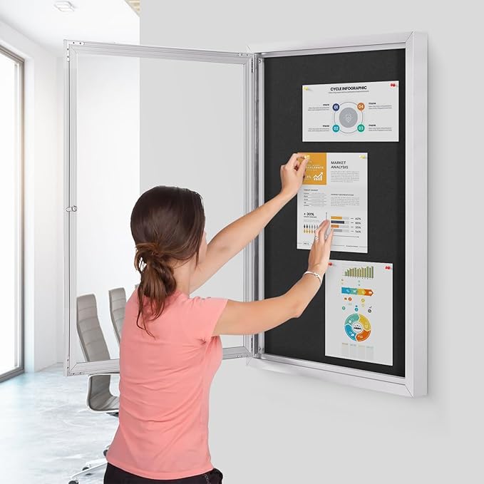 SWANCROWN Outdoor Bulletin Board Weatherproof 36x24in, Enclosed Bulletin Board with Locking Door Wall Display Case for Office School Commerce Show, Black Felt, Sliver Aluminum Frame-DeskLoop Office