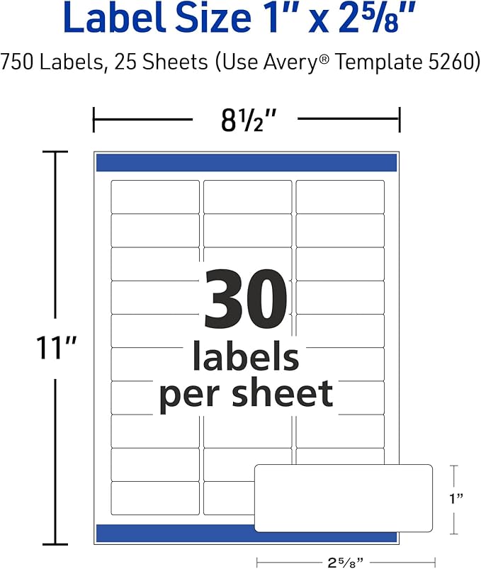 Avery Easy Peel Printable Address Labels with Sure Feed, 1" x 2-5/8" Customizable Stickers, White, 750 Blank Mailing Labels, Great for Mailing, Shipping, and More (5260)-DeskLoop Office