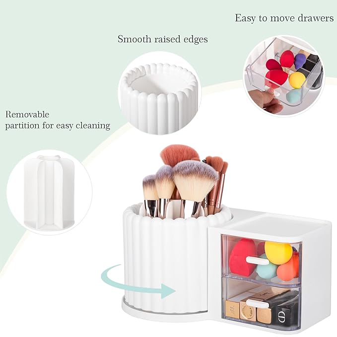 Anyoifax 360 Rotating Makeup Brush Holder 7 Slots Makeup Organizer with Drawer Removable Spinning Cosmetic Storage Pen Holder for Vanity, Dresser, Desk, White-DeskLoop Office