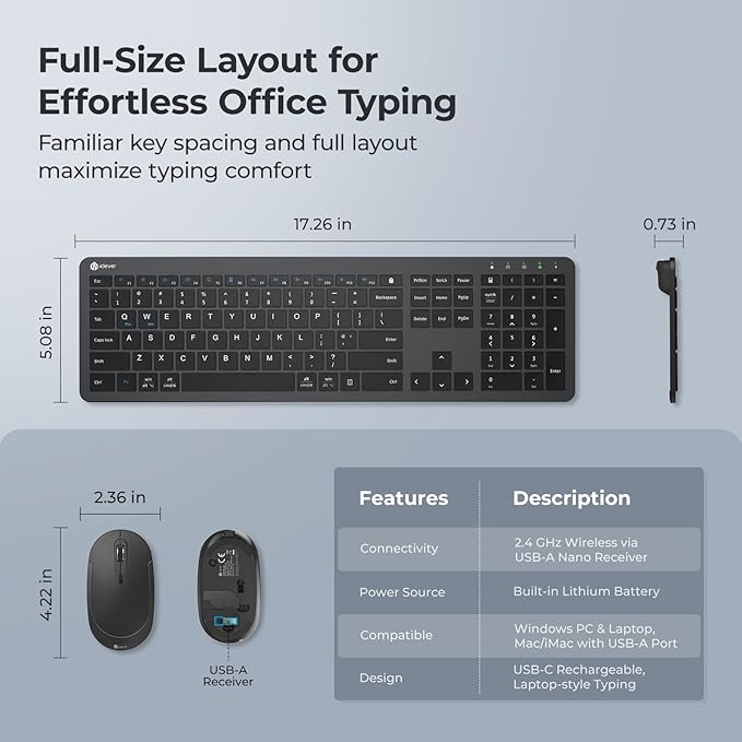 iClever Wireless Keyboard and Mouse, GK08 Rechargeable Keyboard Mouse Combo, Ergonomic, Quiet, Full Size Design with Number Pad, 2.4G Connection for Mac, Windows and Computer-DeskLoop Office
