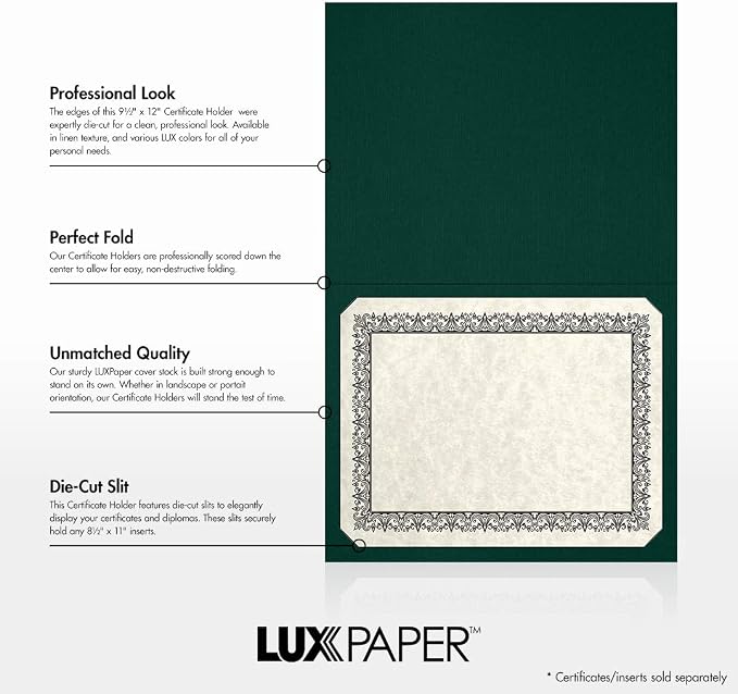 LUXPaper 9.5" x 12" Certificate Holders | Green Linen | 100lb. Cover | 50 Qty - Image 2