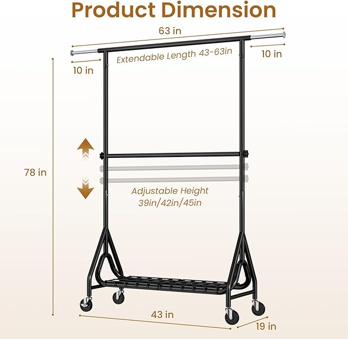 Heavy Duty Clothes Rack for Hanging Clothes, Double Rods Clothing Rack with Lockable Wheels, Rolling Garment Racks with Shelf, Easy to Assemble, Black-DeskLoop Office