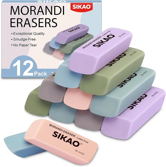 Morandi Erasers, 12 Pack Pencil Erasers | Aesthetic Pastel Beveled Rubber by Sikao
