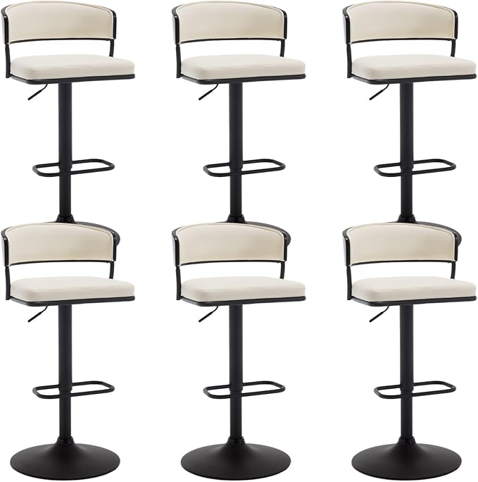 Adjustable Modern Bar Stools Set of 6 Faux Leather Barstools Swivel Counter Height Bar stools with Curved Back/Black Metal Base Comfy Upholstered Bar Chairs for Kitchen Island, Beige-DeskLoop Office