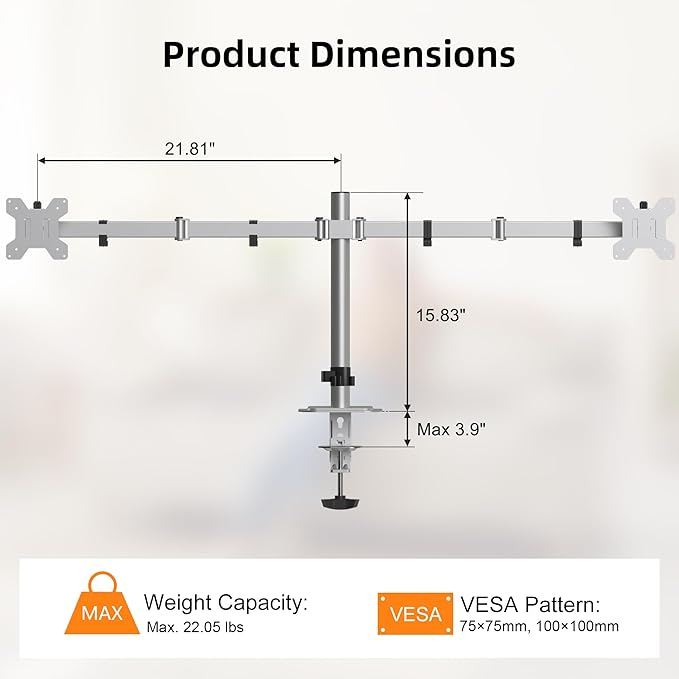 Pholiten Dual Monitor Stand, Heavy Duty Adjustable Monitor Arm Desk Mount for 2 Screens up to 42Inches, Tilt, Swivel, Rotate, Supports Tilt, Swivel, Rotate, Supports 22 lbs per Arm,Silver-DeskLoop Office