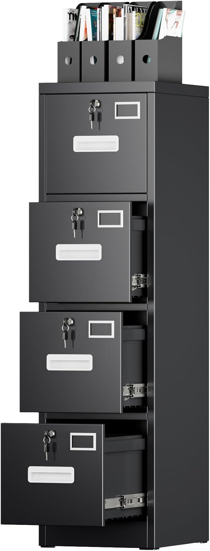4 Drawer File Cabinet, Metal Vertical Filing Cabinet with 4 Lock,Office Home File Cabinet with Name Card Holder for A4 Letter/Legal Size, 14.96" W x 17.72" D x 55.2" H, Assembly Required(Black)-DeskLoop Office