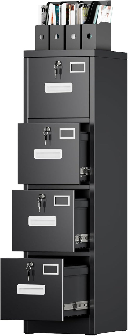4 Drawer File Cabinet, Metal Vertical Filing Cabinet with 4 Lock,Office Home File Cabinet with Name Card Holder for A4 Letter/Legal Size, 14.96" W x 17.72" D x 55.2" H, Assembly Required(Black)-DeskLoop Office