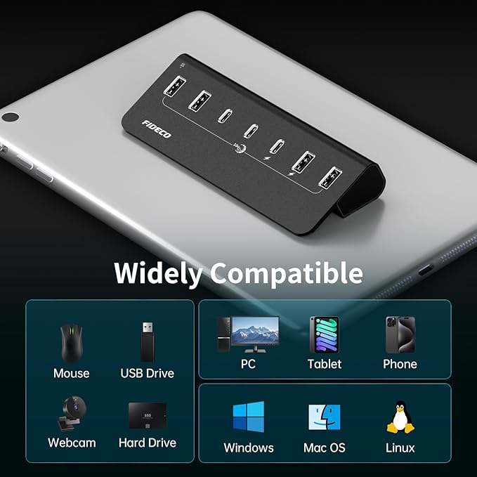 FIDECO Powered USB Hub, 7 Port USB 3.2 Gen 2, 10Gbps Fast Data Hub for iPhone 16/15 and Laptop, Aluminum USB Splitter with 5V 3A Power Adapter, 4 USB-A and 3 USB-C Ports, Support BC1.2 Charging-DeskLoop Office