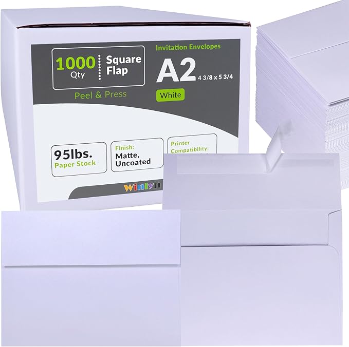 Winlyn 1000 Pcs White A2 Invitation Envelopes, Peel & Press Self Seal, 4 3/8 x by Winlyn