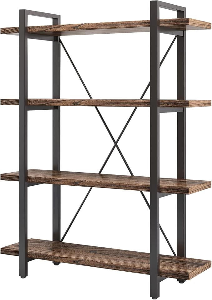 4 Tier Bookshelf Solid Wood Bookcase and Book Shelves Wood and Metal Shelving Rustic Open Bookshelf Office,Distressed Brown (AY-02-4Tier)-DeskLoop Office