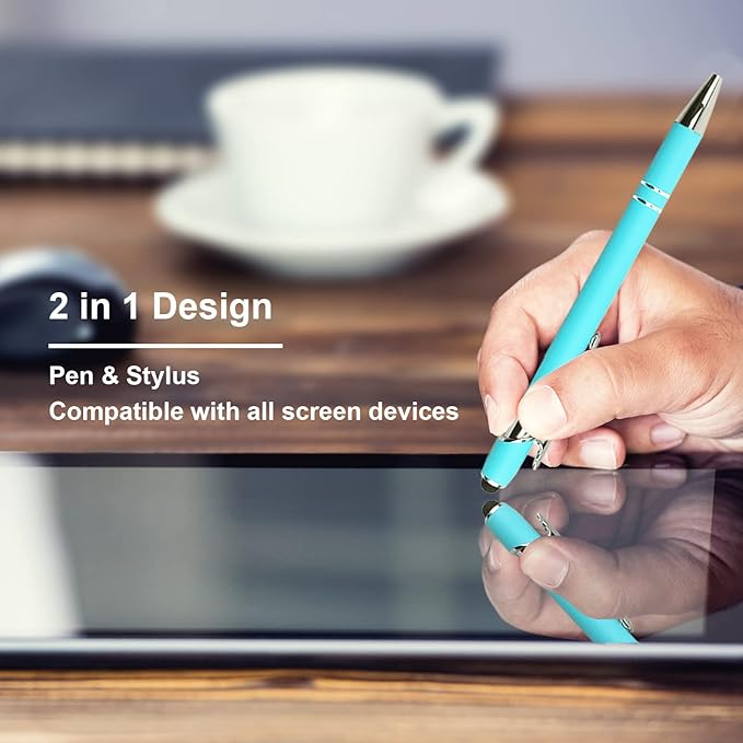 Ballpoint Pen with Stylus Tip, Soft Touch Click Metal Pen, 1.0mm Medium Point, Black Ink, 12 Count(Light Blue)-DeskLoop Office