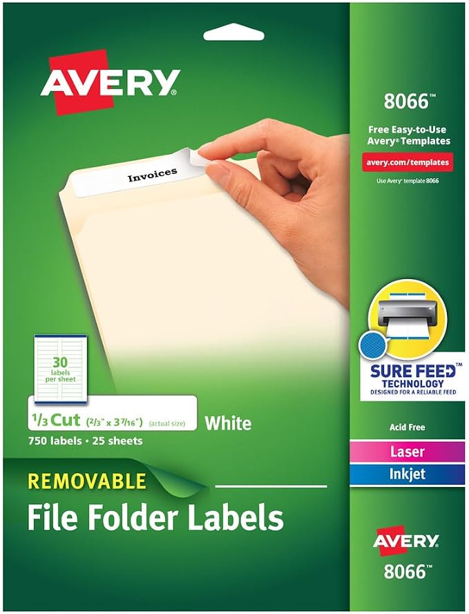 Avery File Folder Labels with Sure Feed, 2/3" x 3-7/16", 750 Printable Labels by Avery