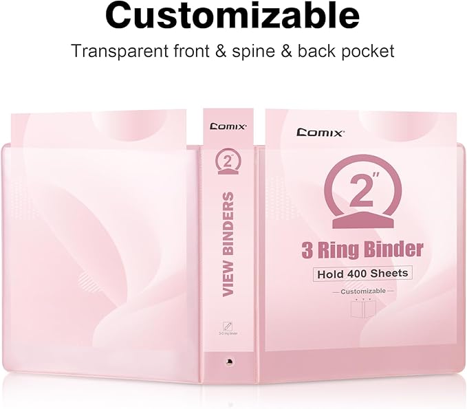 COMIX Standard 3 Ring Binder 2 inch with Clear View Cover, 2" Round Ring View Binder Holds 400 Sheets of US Letter Size Paper, 6 Pack (Pink)-DeskLoop Office