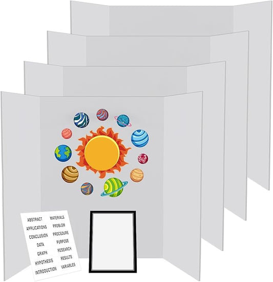 4 Pcs Trifold Display Board 36"x 48" Large White Presentation Board with Board Headers 4 Science Subtitles 32 Black Edge Self Adhesive Paper Poster Board for School Projects and Business Presentations-DeskLoop Office