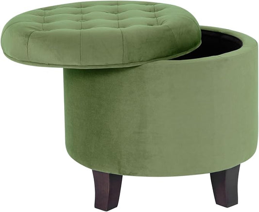 HomePop by Kinfine Fabric Upholstered Round Storage Ottoman - Velvet Button Tufted Ottoman with Removable Lid, Dark Green Small-DeskLoop Office